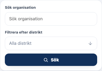 Sökrutan Sök organisation, distriktsfiltret och Sök-knappen