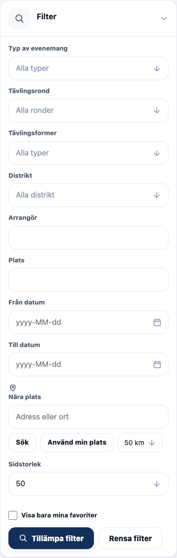 Filterkortet utfällt med alla filterfält och knappen Tillämpa filter