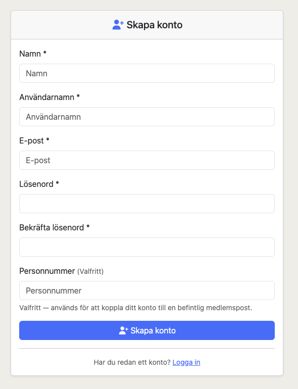 Formulär för att skapa konto